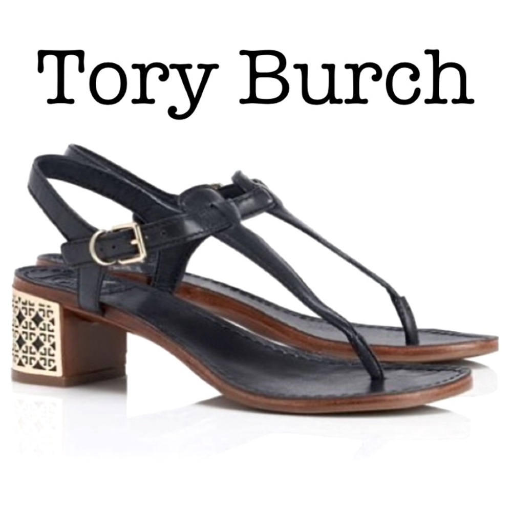 Tory Burch Audra Navy Thong Block Heel Sandals Size 8